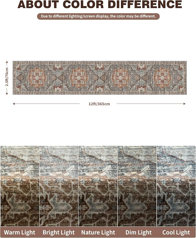 Roxstand Washable 2.6x12 Runner Rug, Non Slip Hallway Rugs Grey/Brown/Tan | Low Pile Rug with Stain Resistant Surface, Vintage Kitchen Runner for Kentryway, Living Room, Bedroom and Home Decor