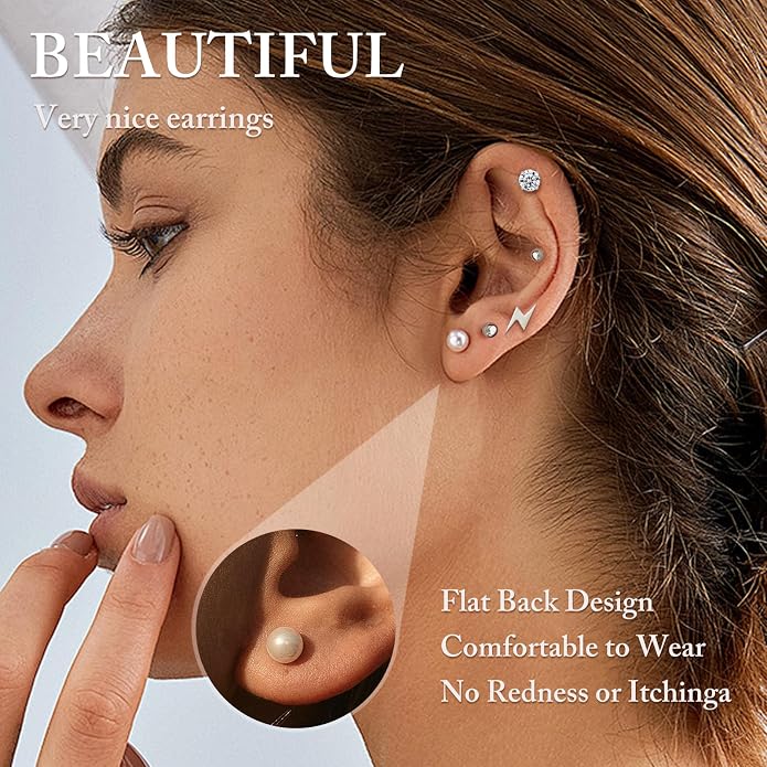 Stud Earrings Set for Women, 14K Gold Plated Hypoallergenic Heart Pearl Ball Studs Pack 316L Stainless Steel CZ Earrings Multi-Style & Size 3-8mm