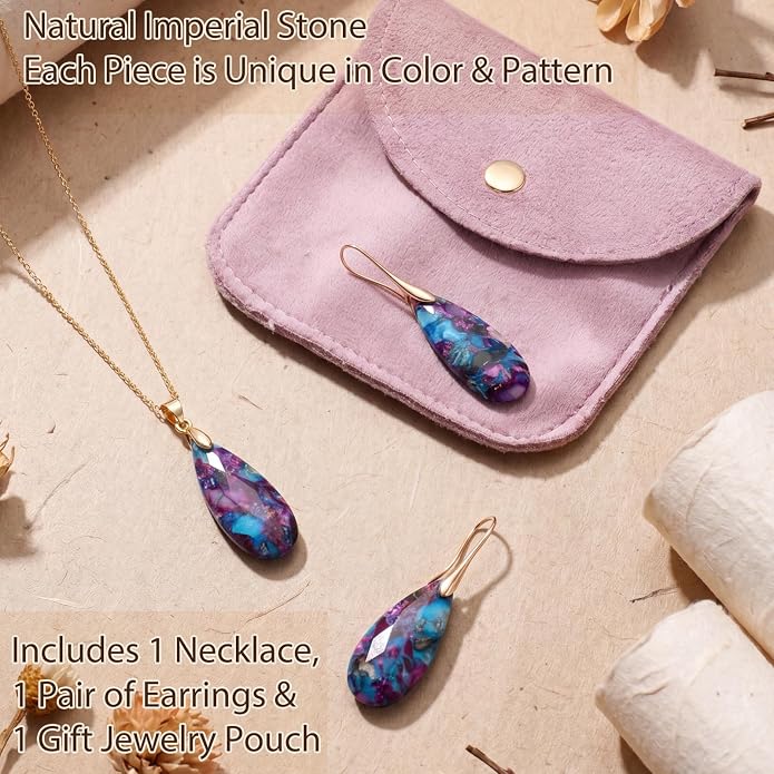 Kingdder Natural Stone Jewelry Set for Women Imperial Healing Stone Necklace Colorful Teardrop Dangle Earings Boho Jewelry