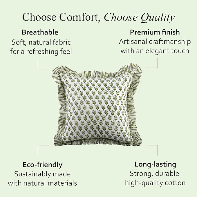 CPC Block Print Ruffle Throw Cover Emerald Green 20"x20" Inch Pack of 2-100% Cotton Ruffle Couch Decorative Boho Pillows Case for Living Room, Bedroom, Sofa, Farmhouse Gift for Spring, Mother's Day