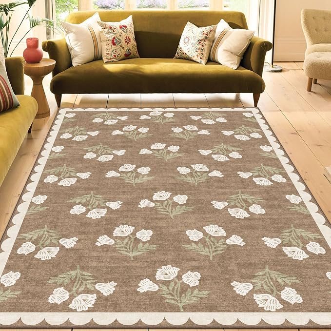 Boho Tan Living Room Rug 6x9 - Soft Washable Floral Neutral Farmhouse Scalloped Bedroom Area Rug Stain Resistant Dining Room Rugs for Under Table Non Slip Rugs for Bedroom Living Room Decor