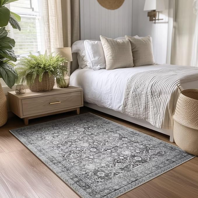 Washable 4x6 Rugs, Boho Vintage Non-Slip Distress Rugs, Grass Green | 0.3" Neutral Throw Rugs for Bedroom Kitchen Nursery Living Room, Cushioned Area Rug for High-traffic
