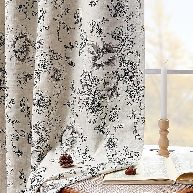 jinchan Black Floral Linen Blackout Curtains 84 Inch Back Tab 2 Panels | Blackout lining, room darkening drapes, farmhouse, vintage, cottagecore, rustic, bedroom, living room, window treatment