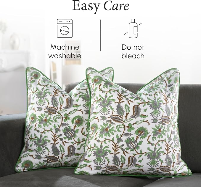 CPC 100% Cotton Throw Pillow Covers 20x20 Inch, Set of 2 Green Block Print Pattern Couch Pillow, Cute Boho Decorative Pillows for Living Room, Bedroom with Hidden Zipper- Mint Leaf