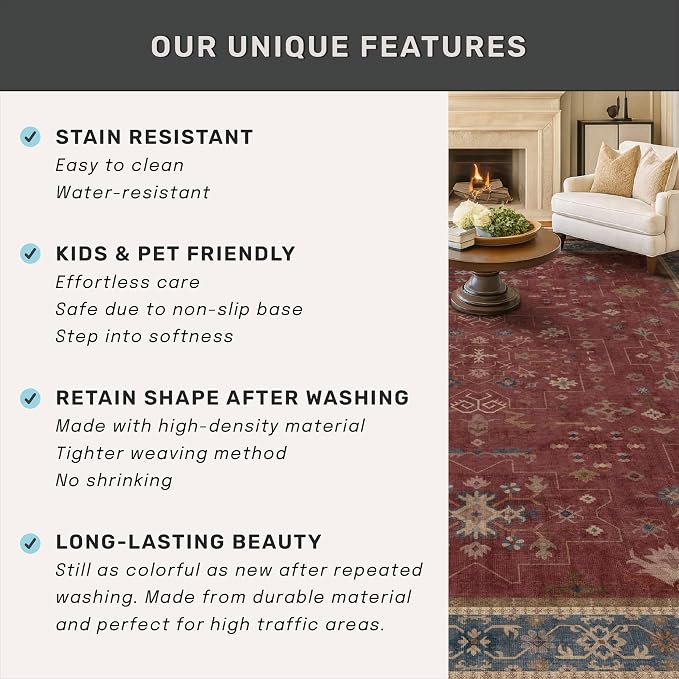 Washable 3x8 Entry Way Rugs Indoor - Burgundy Large Kitchen Rug, Non Slip Unique Bohemian Red Low Pile Thin Carpet for Bedroom Bedside, Foyer