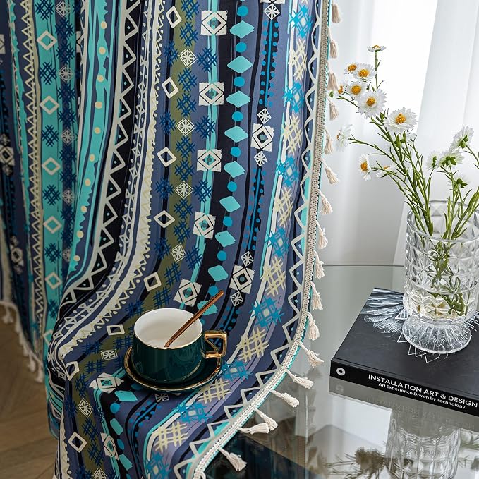 Navy Blue Geometric Curtains 102 Inches Long, Boho Farmhouse Light Filtering Rod Pocket Drapes with Tassel Trim for Bedroom Living Room, 2 Panels