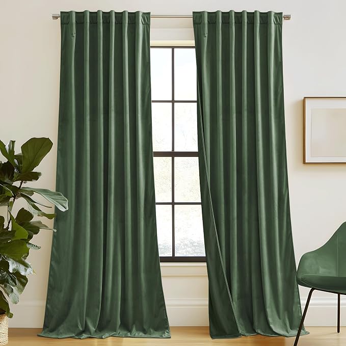 RYB HOME Army Green Velvet Curtains for Bedroom Living Room, Thermal Insulated Privacy UV Heat Blocking Luxurious Soft Rod Pocket Back Tab Drapes for Nursery, 52" W x 120" L, 2 Panels