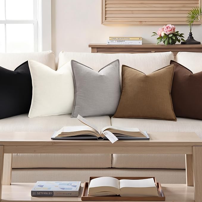 decorUhome Fall Light Grey Linen Throw Pillow Covers 22x22 Set of 2 | Decorative Soft Cozy Modern Farmhouse Boho Accent Pillow Cases with Flange Edges for Couch Bed Sofa Living Room Home Decor