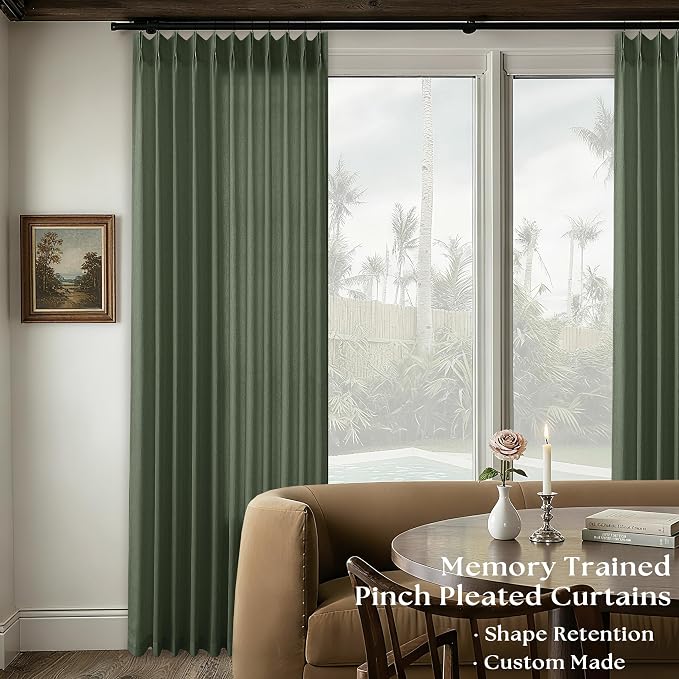Olive Green Pinch Pleat Linen Curtains 72 Inch Width 120 Inches Long | Extra Wide, Light Filtering Semi Sheer Curtain, for Living Room Patio Sliding Door, Pleated Drapes, 72x120 Inch, 1 Panel