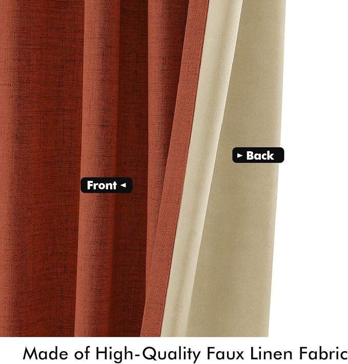 MIULEE Fall 100% Blackout Linen Curtains 42 x 63 Inch Burnt Orange 2 Panels | Thermal Insulated, Room Darkening Drapes for Bedroom Living Room, Back Tab Rod Pocket Pinch Pleated, Solid Luxury Decor
