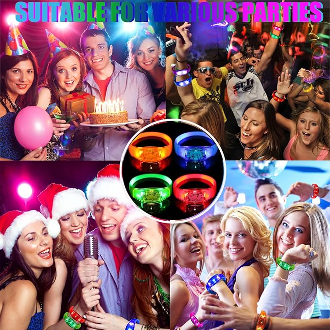 24 Pcs LED Glow Bracelets Sound Activated Flashing Light Up Bracelet for New Years Eve Glow in the Dark Party Supplies Christmas Party Favors Birthday Gift Carnival Concerts Night Events