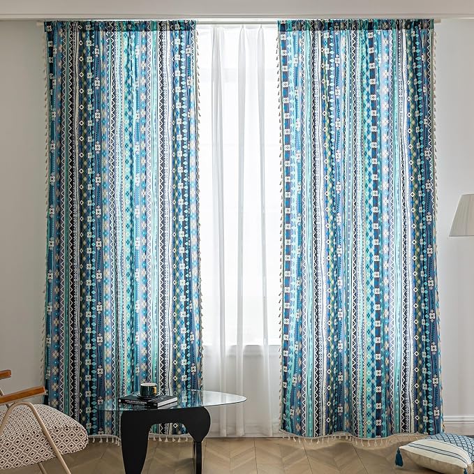 Navy Blue Geometric Curtains 84 Inches Long, Boho Farmhouse Light Filtering Rod Pocket Drapes with Tassel Trim for Bedroom Living Room, 2 Panels
