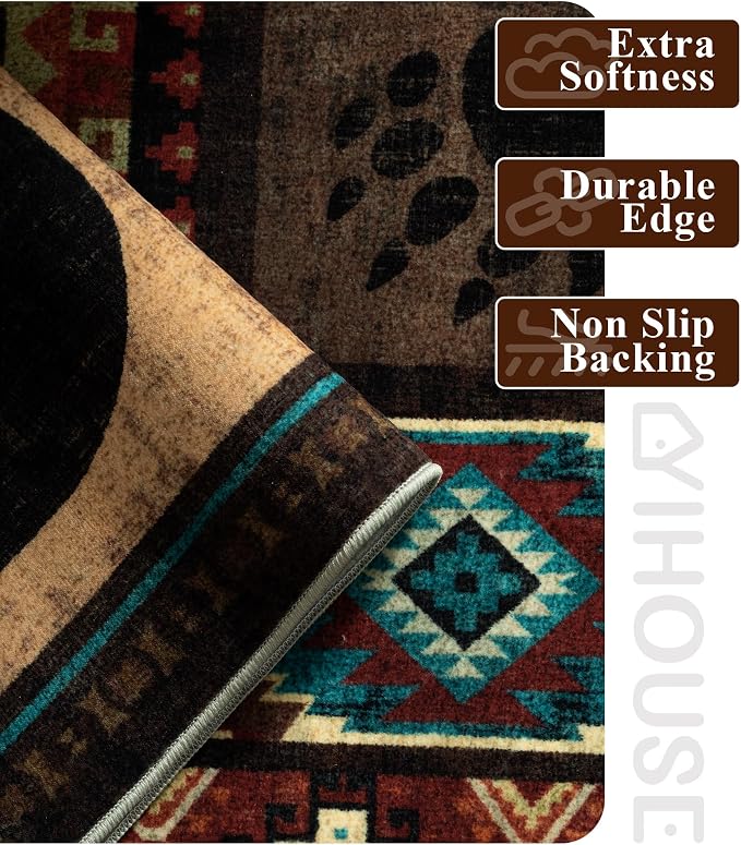 Rustic Cabin Hallway Runner Rug 2'8"x8' - Bear Washable Rug, Non-Slip Low Pile Soft Farmhouse Carpet, Southwestern Wildlife Print Floor Runner Rugs for Kitchen, Entryway, Laundry, Bedroom