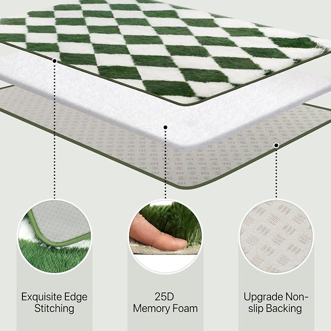 GENIMO Checkered Rug 8x10 Area Rugs for Kids Bedroom Soft Shag Rug Fluffy Fuzzy Carpet Plush Rugs for Living Room Nursery Playroom Dorm Modern Home Decor Aesthetic, Green and White