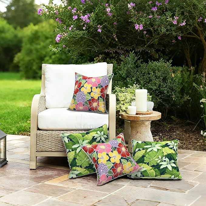 LVTXIII Outdoor Throw Pillows 20x20 Patio Waterproof Square Pillows with Piping Fade Resistant Accent Pillow for Spring Summer Garden Decoration, Set of 2, Flower Bloom
