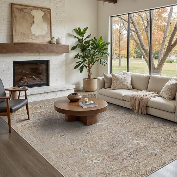 Rugxara Beige Neutral Area Rugs 5x7 Washable Rug for Living Room Bedroom | Non Slip, Rug for Dining Room Dorm Office Farmhouse, Stain Resistant, Soft, Vintage Boho Carpet, Low Pile, Home Decor