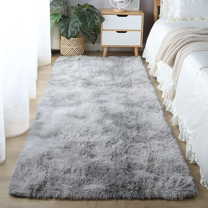 Grey Shag Area Rug 5x7 Bedroom - Soft Fluffy Carpet Tie-Dyed Light Gray | Artistic Tie-Dye Light Gray Unique Gradient Pattern Adds a Creative, Calming Touch That Blends Into Any Modern Bedroom Decor