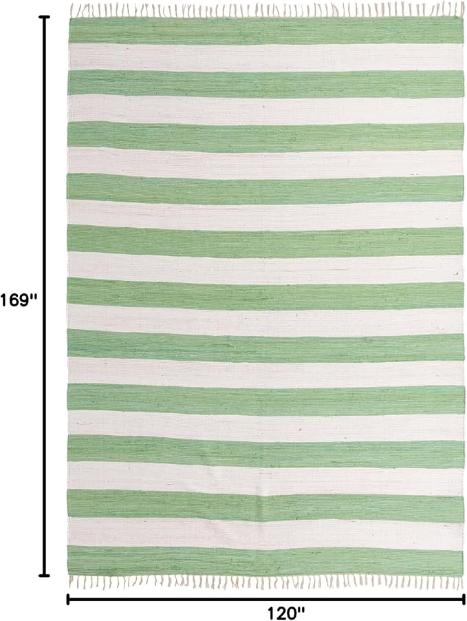 Unique Loom Chindi Rag Collection Area Rug - Striped (10' x 14' 1" Rectangle, Green and Ivory)