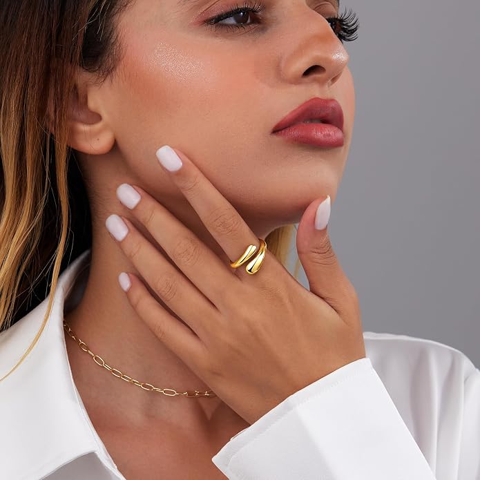 Non Tarnish Gold Chunky Rings for Women, 14K Gold Plated Statement Dome Rings Stacking Silver, Adjustable Mens Eternity Wedding Band Mixed Metal Jewelry Size 3-13