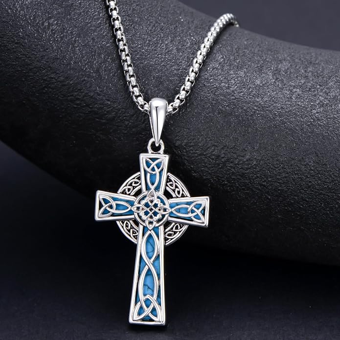 HPQQ Cross Necklace 925 Sterling Silver Turquoise Tree of Life Celtic Knot Cross Pendant Jewelry Mother's Day Gifts for Women