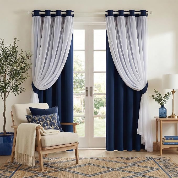 PONY DANCE Navy Blue Double Layered Curtains with Sheer Overlay - Blackout Window Panels Set for Living Room Bedroom, 52 W x 84 L, Set of 2