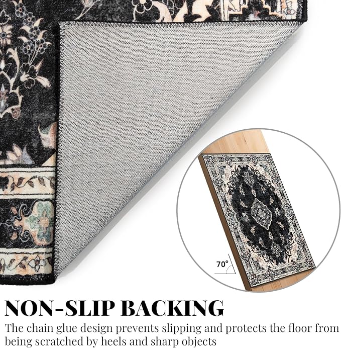 MUJOO Black Rug 3x5 Washable,Boho Area Rugs Small Non Slip Low-Pile Floral | Machine Washable Throw Carpet for Entryway Bedroom Bedside Kitchen Hallway Living Room Soft Indoor Vintage Bohemian Flowers
