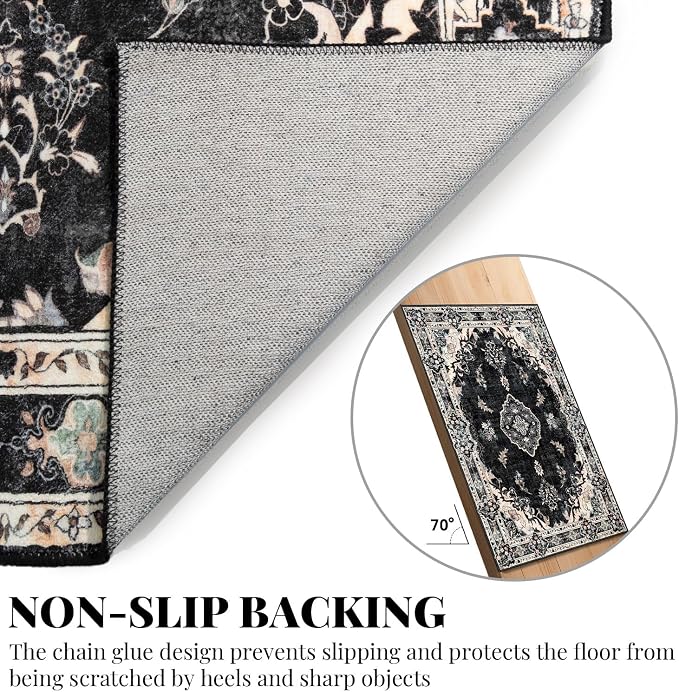 MUJOO Black Washable Rug 8x10 Area Rugs Non Slip Low-Pile Floral Large | Machine Washable Throw Carpet for Living Room Bedroom Dining Room Boho Soft Floor Indoor Vintage Bohemian Flowers