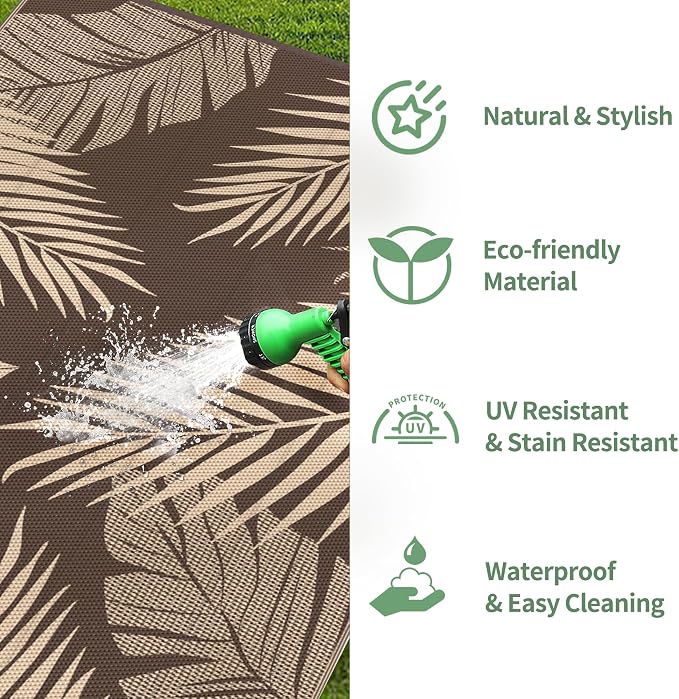 GENIMO Outdoor Rug, Waterproof Plastic Rugs for Patio, 8'x10' Coffee Beige | Outside Larger Leaf Carpet Mat for Porch Decor, Deck, Balcony, Camping, RV, Backyard, Picnic, Beach, Reversible, Foldable