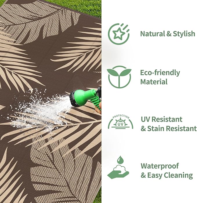 GENIMO Outdoor Rug, Waterproof Plastic Rugs for Patio, 6'x9' Coffee Beige | Outside Larger Leaf Carpet Mat for Porch Decor, Deck, Balcony, Camping, RV, Backyard, Picnic, Beach, Reversible, Foldable