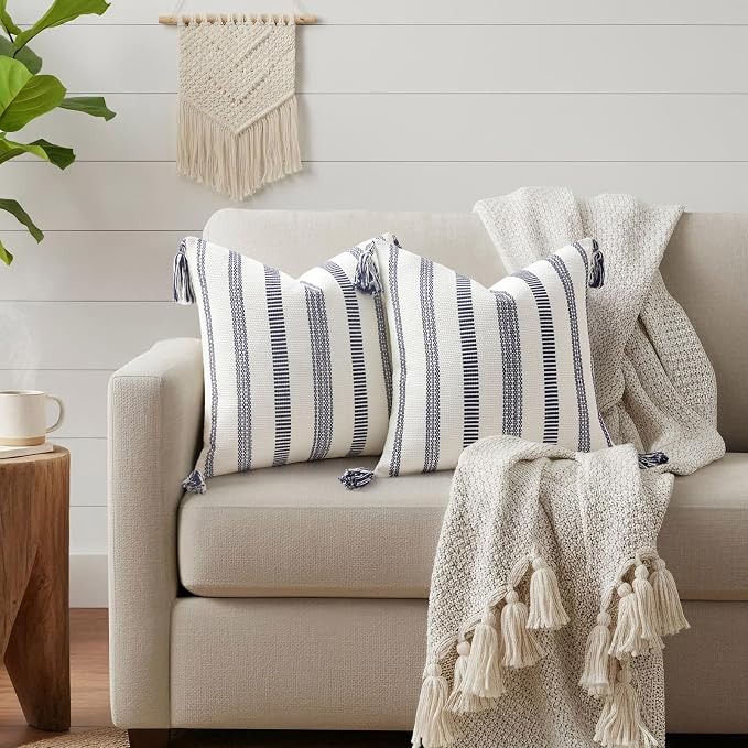 Smile Bee Boho Outdoor Couch Throw Pillow Covers Set of 2 Decorative Lumbar Thick Woven Striped Accent Neutral Pillow Covers with Tassels for Bed Sofa Home Decor 12x20 Inch, Navy Blue and Cream White | Woven Cozy Boho Decorative Modern Farmhouse Accent...