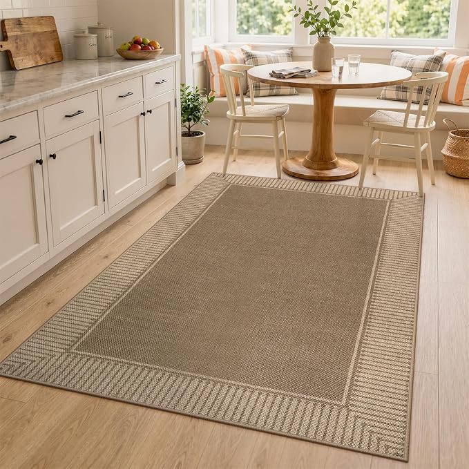 Moynesa Easy Jute Outdoor Rug 4x6, Brown Striped Border Washable Indoor Outdoor Patio Area Rugs, Farmhouse Neutral Non Slip Carpet for Living Room Bedroom Backyard