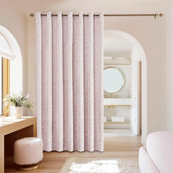 Beauoop Pink Floral Jacquard Blackout Sliding Door Curtains 100x84 1 Set | Flower Chenille Room Darkening Patio Curtains Extra Wide Room Divider Drapes Thermal Soundproof Window treatment Grommet