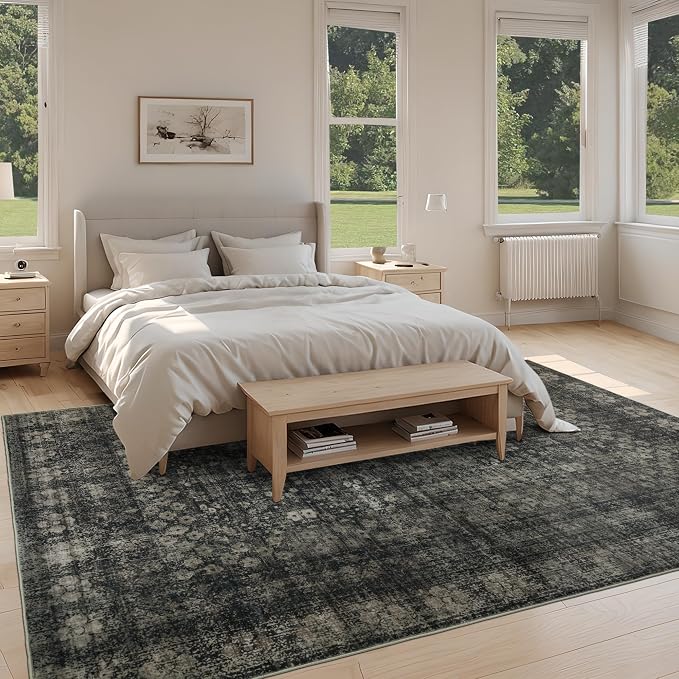 8x10 Vintage Washable Area Rug, Black | Living Room, Low Pile, Non Slip Carpet, Non-Shedding, Soft Indoor Stain Resistant, Floral Print Mat for Bedroom Dining Room