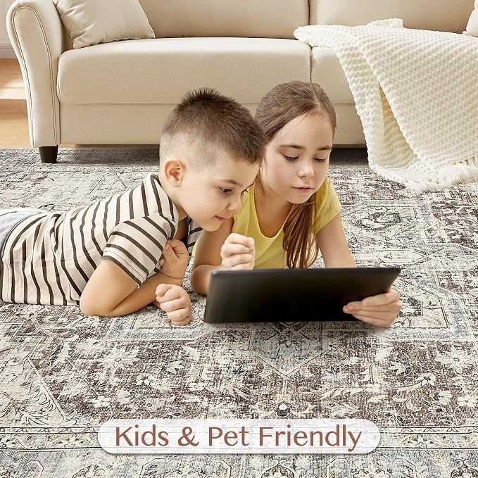 Tortania 5' Round Area Rug Living Room Rugs - Washable Boho Rug Vintage Oriental Distressed Farmhouse Large Thin Indoor Carpet for Bedroom Under Dining Table Home Office - Brown Blue