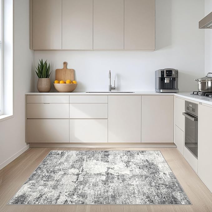 DMOYEST 4x6 Area Rug - Washable & Non Slip Indoor Rug for Living Room, Ultra Soft Abstract Low Pile Carpet, Kid & Pet Friendly Neutral Decor for Bedroom - Grey
