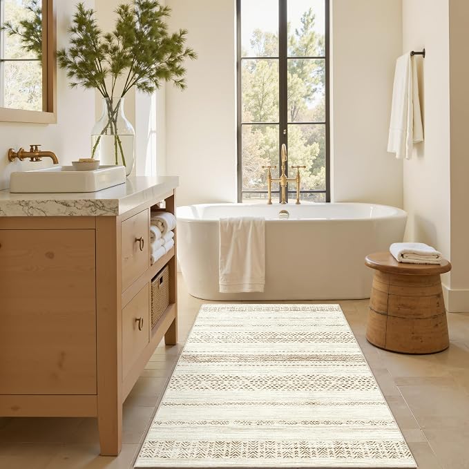 3x5 Washable Rug Moroccan Small Entryway Rug Non Slip Indoor Floor Carpet Foldable Thin Rugs for Kitchen Bedroom with Low Pile(Brown,3'x5')