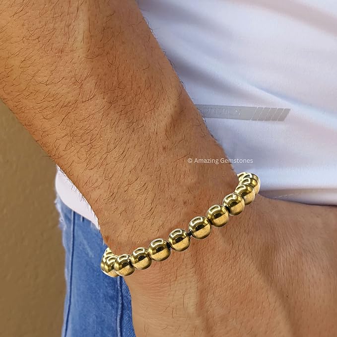 Amazing Gemstone Golden Hematite Bracelet, Gifts for Men & Women - Protection Healing Crystal Bracelet - 8mm Gemstone Beaded Adjustable Bracelet, Pulseras para Hombres Mujer Stocking Stuffers