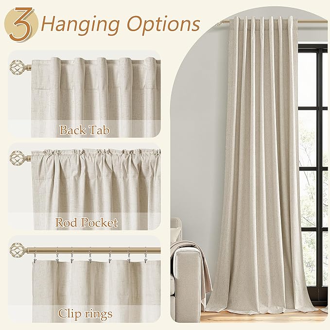 Guken 100% Blackout Linen Curtains for Bedroom 84 inches Long, Thermal Insulated Room Darkening Black Out Drapes for Living Room, Back Tab Rod Pocket 2 Panels Set,Taupe Burlywood,52x84