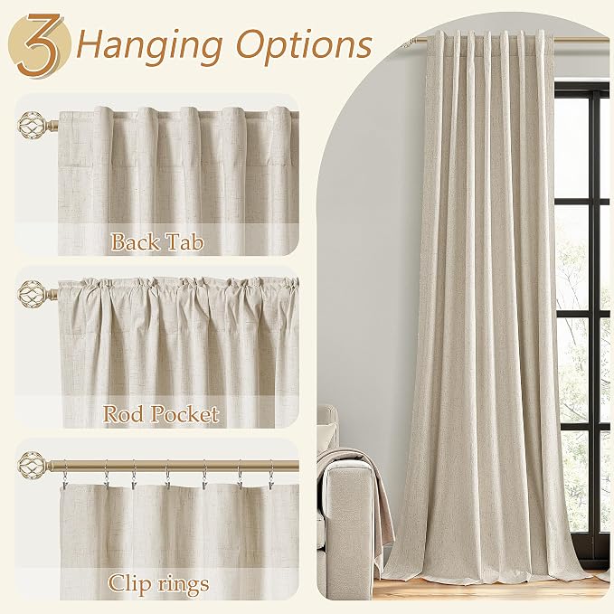 Guken 100% Blackout Linen Curtains for Bedroom 90 inches Long, Thermal Insulated Room Darkening Black Out Drapes for Living Room, Back Tab Rod Pocket 2 Panels Set,Taupe Burlywood,52x90