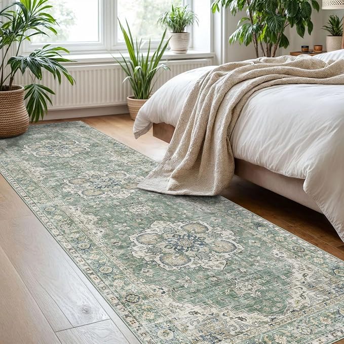 LUXRUG Runner Rugs for Hallway 2.5x10ft - Long Non-Slip Sage Green Washable Boho Runner Rug Low Pile Soft Vintage Farmhouse Oriental Medallion Carpet for Kitchen Living Room Indoor Entryway Bedroom