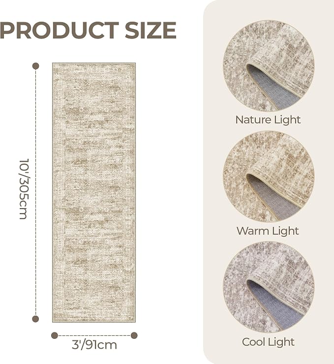 3x10 Runner Rug Non Slip,Washable Hallway Runner Rug,Brown | Long Neutral Rugs for Kitchen,Entryway,Bedroom,Bathroom,Laundry Room,Thin,Soft Runner Rug,Stain Resistant Indoor Carpet
