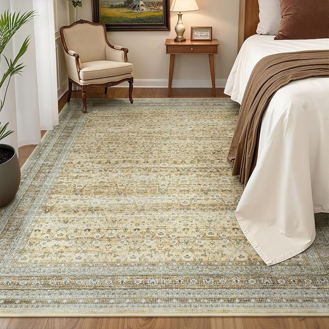 6x9 Area Rugs for Living Room Bedroom, Washable Large Rugs Non-Slip | Vintage Distressed Retro; Low Pile; Stain Resistant; Neutral Boho Carpet for Dining Room, Nursery, Home Office; Oatmeal Beige