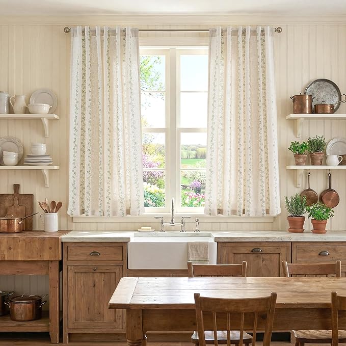 Lazzzy Cathy Linen Floral Curtains 63 inch Length for Kitchen Cute Privacy Curtains for Kids Room Rod Pocket Back Tab Light Filtering Drapes Farmhouse Cottage Core Decor 50"x63" Sage Green on Linen