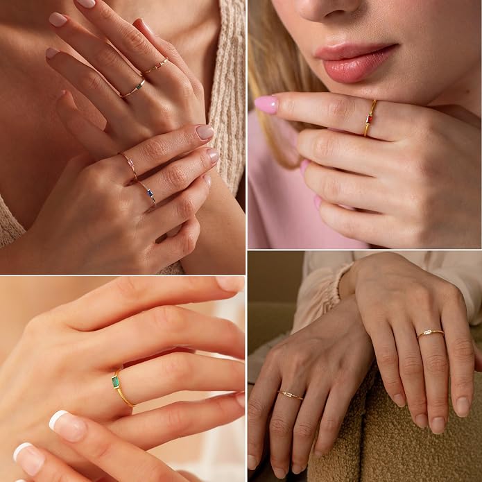 RLMOON Birthstone Rings for Women Non Tarnish Gold Stackable Rings Dainty 14K Gold/Silver Plated Baguette CZ Emerald Green Pinky Ring Personalized Jewelry Gift for Birthday Size 4-10