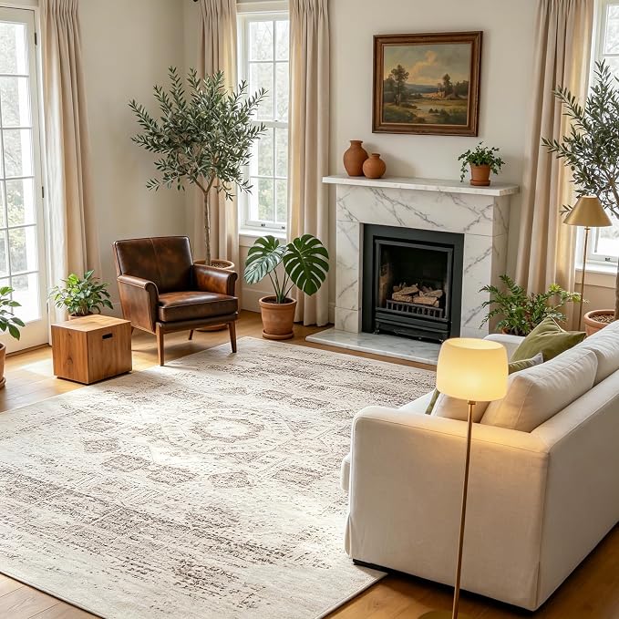 Machine Washable Rugs 8x10 Area Rugs for Living Room,Bedroom,Dining Room- Ultra Soft Low Pile Retro Rugs for Home Office,Non Slip Vintage Distressed Accent Carpet- Yellow