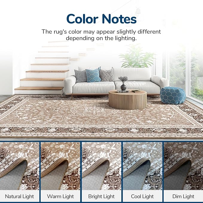 Lessymo 9 x 12 Area Rugs for Living Room, Machine Washable Area Rugs Boho Faux Wool Low Pile Area Rug for Bedroom, Floral Medallion Vintage Rugs with Non-Slip Rubber, Kid & Pet Friendly, Brown White
