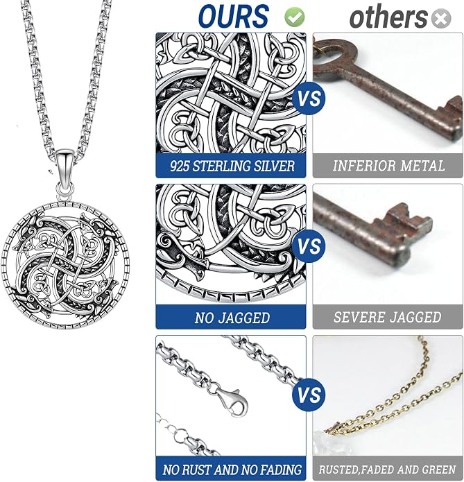 Eusense Viking Necklace for Men Women 925 Sterling Silver Pendant Thors Hammer/Norse Runes/Odin's Ravens/Wolf/Dragon/Snake/Yggdrasil/Freya/Helm of Awe/Valknut/Triskelion/Axe/Shield Viking Jewelry