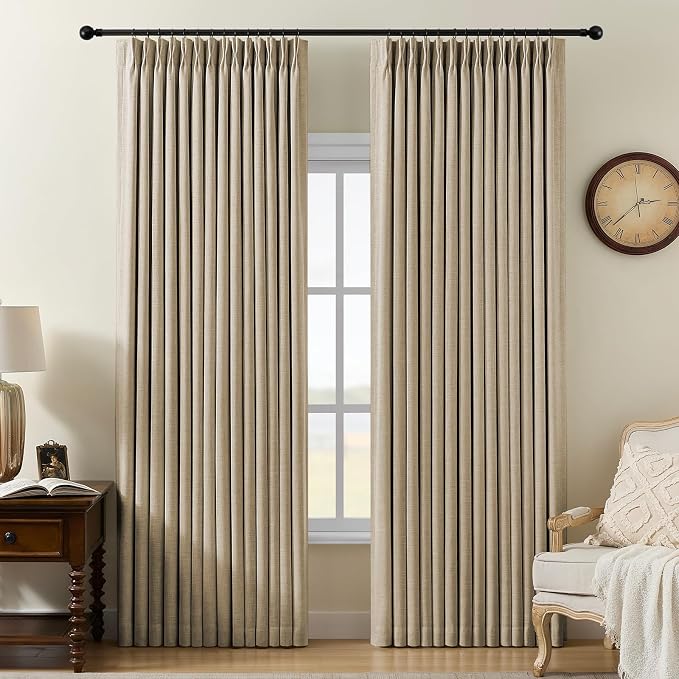 Pinch Pleated Curtains 100% Blackout Linen Curtains 90 Inches Long for Bedroom Living Room, Sand Color Memory Trained Thermal Insulated Room Darkening Window Drapes with Hooks 2 Panels 40"Wx90"L