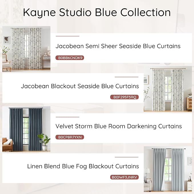 Kayne Studio Blue Grey Curtain Panels Linen Textured Botanical Leaf Print Floral Farmhouse Linen Curtain Drapes Light Filtering Window Treatments Living Room Bedroom Rod Pocket Back Tab,52"x108"x2