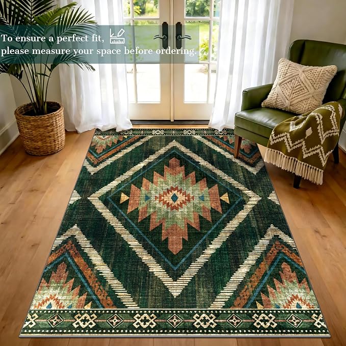 4x6Ft Boho Area Rugs Non Slip, Green Washable Rug for Living Room, Soft Bedroom Carpet, Low Pile Moroccan Entryway Area Floor Carpets for Dining Room Kids Nursery Farmhouse